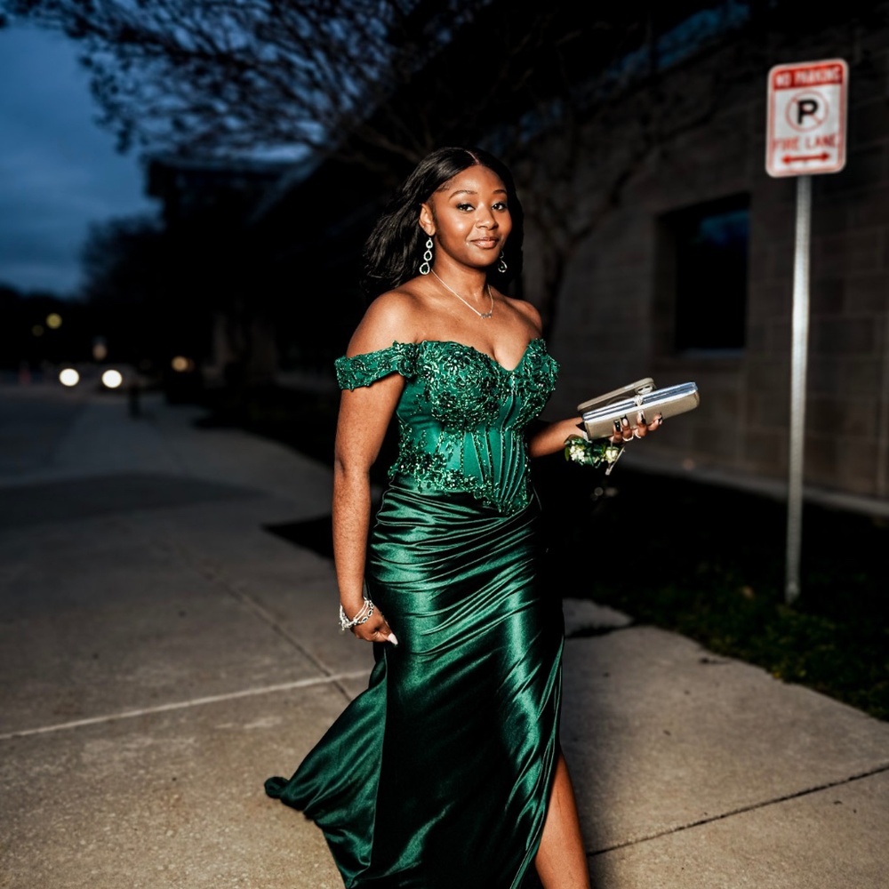 Emerald green off the shoulder prom gown